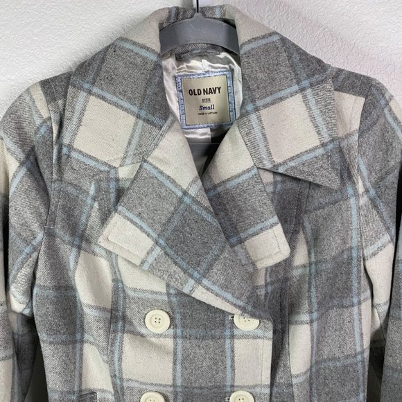 Old Navy Women Plaid Gray White Light blue Silky liner Coat Jacket Sz Small - Picture 3 of 13